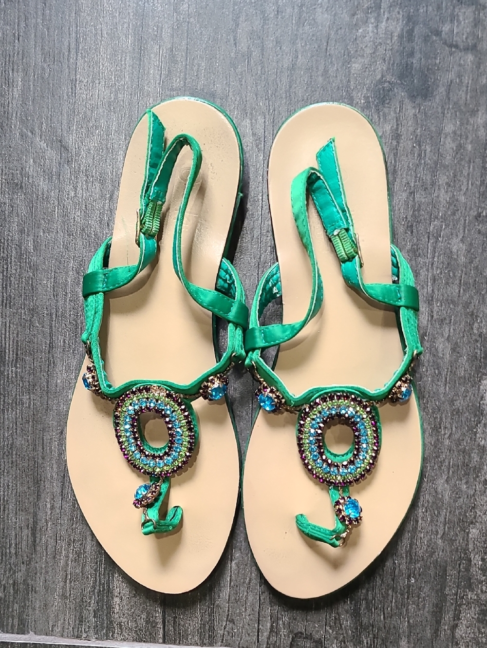 Green Jeweled T-Strap Sandals for Women